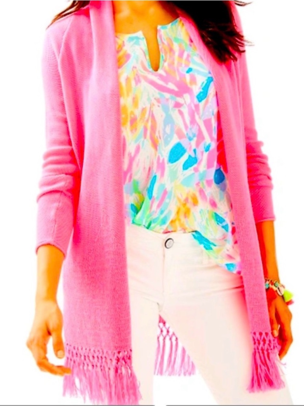 Lilly Pulitzer Hot Pink ”Tatum” Fringe Hem Open Cardigan Sweater